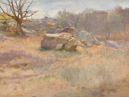 岩石景观`Landscape with Rock (1889) by Harry Mills Walcott