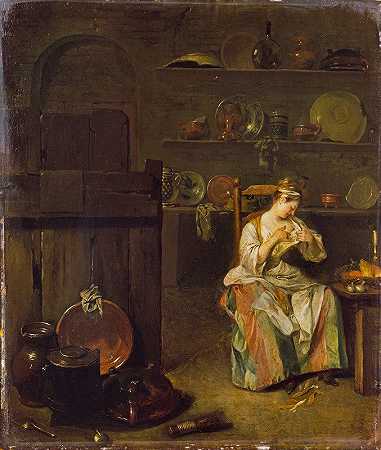 厨房里的年轻女子`A Young Woman in a Kitchen (c.1720~1725) by Nicolas Lancret
