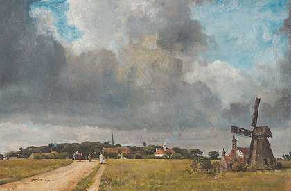 乡村和风车景观`Landscape With Village And Windmill (c.1795–1862) by William Turner