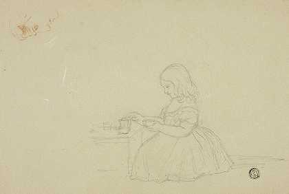 版画和素描年轻女孩倒茶和侧面素描`Prints and Drawings Young Girl Pouring Tea and Profile Sketch by Elizabeth Murray
