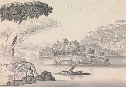 抛锚船和人物的景观`Landscape with Anchored Boat and Figure by Henry Swinburne