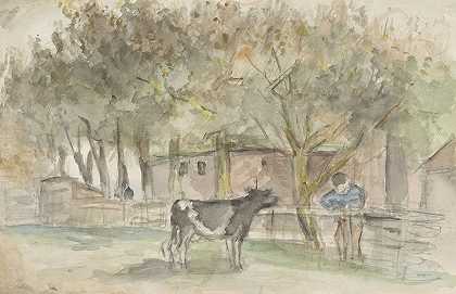 一头牛和一个农夫的风景`Landschap met een koe en een boer (1834 ~ 1911) by Jozef Israëls