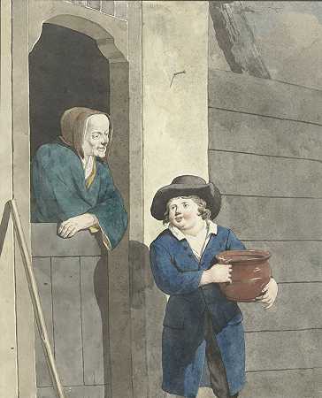 一个男孩拿着罐子对着一个靠在门口的女人`Jongen met een pot bij een vrouw leunend op een onderdeur (1700 ~ 1800) by W. Barthautz