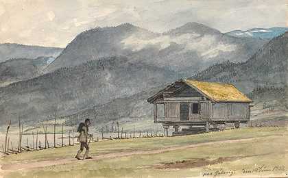 带小屋和徒步旅行者的山地景观`Fjeldlandskab med hytte og vandrer (1831 ~ 1832) by Martinus Rørbye