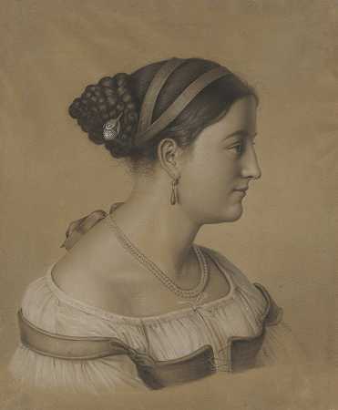 右边是一位年轻的罗马女性，脖子上戴着一串珍珠`Brustbild einer junge Römerin im Profil nach rechts mit einer Perlenschnur um den Hals by Theodor Pelissier