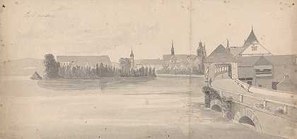 湖边的村庄`Village on a Lake (ca. 1817) by Isaac Weld
