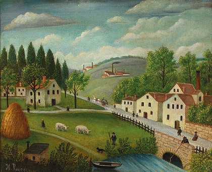 有小溪、渔夫和婴儿车的田园风光`Pastoral landscape with stream, fisherman and strollers (c. 1875–1880) by Henri Rousseau