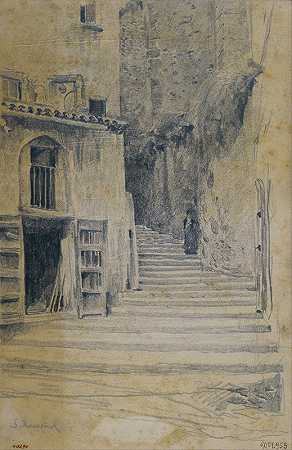 乡村街。格拉纳达`Village Street. Granada (circa 1895) by Santiago Rusiñol