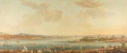 从瑞典驻佩拉公使馆俯瞰君士坦丁堡（伊斯坦布尔）和塞拉格里奥`View of Constantinople (Istanbul) and the Seraglio from the Swedish Legation in Pera (c. 1770 ~ 1780) by Antoine van der Steen
