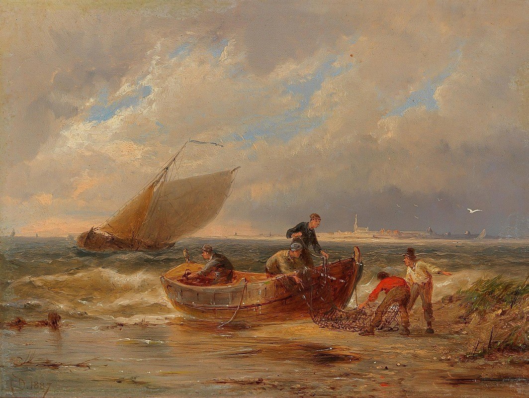 即将到来的渔民`Ankommende Fischer by Pieter Cornelis Dommersen
