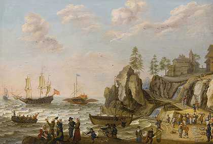 一个海岸景观，有一艘帆船、一艘英国帆船护卫舰和一艘划艇在波涛汹涌的水域`A Coastal Landscape With A Galley, An English Galley Frigate, And A Rowing Boat In Choppy Waters (1647.) by Isaac Willaerts