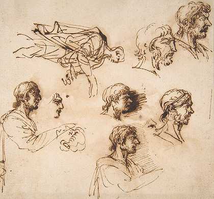 《男人的研究》他的头像是一个站立的男性`Studies of a Mans Head in Profile, and of a Standing Male Figure by Salvator Rosa