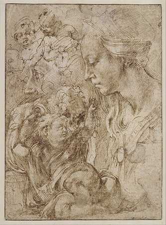 为神圣家庭学习`Studies for a Holy Family (1505) by Michelangelo