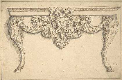 设计一张带有猫面具和山羊腿的桌子`Design for a table with a cat mask and goat legs (1600–1640) by John Payne
