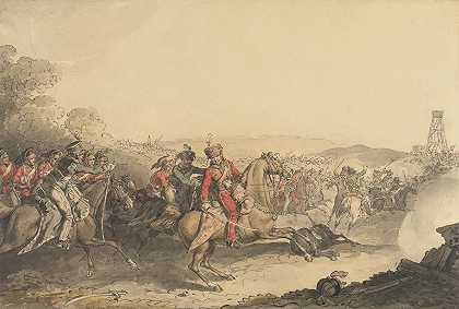 安格尔西侯爵在滑铁卢战役结束时率领重骑兵冲锋时受伤`The Marquis of Anglesea Wounded Whilst Leading a Charge of Heavy Cavalry at the Close of the Battle of Waterloo (1815) by John Augustus Atkinson