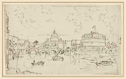 泰伯与圣彼得s和s.安杰洛城堡（recto）`The Tiber with Saint Peters and the Castel S. Angelo (recto) (1765~1768) by William Marlow