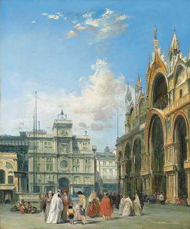 圣马可大教堂和托瑞·戴尔教堂旁边的雕像奥洛吉奥，威尼斯`Figures Beside The Basilica Of San Marco And The Torre Dellorlogio, Venice by Edward Pritchett