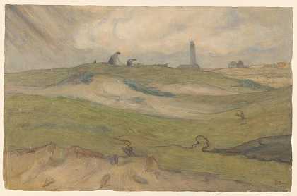 有灯塔和网的沙丘景观`Duinlandschap met vuurtoren en nettenboeters (1872 ~ 1944) by Frans Smissaert