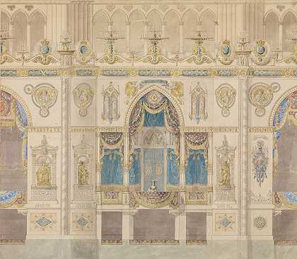 兰斯大教堂立面图，带有路易十八加冕礼的皇家包厢`Elevation of Reims Cathedral with the Royal Box for the Coronation of Louis XVIII (1815) by Charles Percier