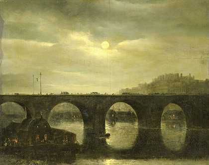 月光下的巴黎塞纳河上的一座桥`One of the Bridges over the Seine, Paris, in the Moonlight (1835) by Antonie Waldorp