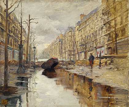1910年洪水期间的豪斯曼大道`Le boulevard Haussmann pendant les inondations de 1910 (1910) by Alexandre Bloch