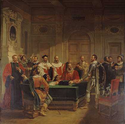 布里萨克与议员进行交易输入亨利四世在巴黎`Brissac négociant auprès des échevins lentrée dHenri IV dans Paris (1827) by Jean-Baptiste Messier