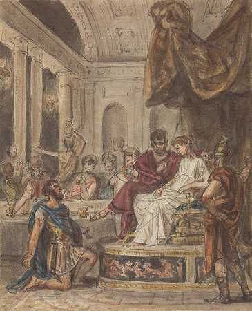宴会现场，一名罗马士兵跪在一位坐在王座上的家族人物面前`Banquet Scene, with a Roman Soldier Kneeling to a Famale Figure Sitting on a Throne by Robert Smirke