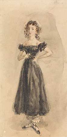 研究一位身穿黑色晚礼服、留着小发的年轻女孩`Study of a Young Girl, with Ringlets, in a Black Evening Dress (ca. 1830) by William Henry Hunt