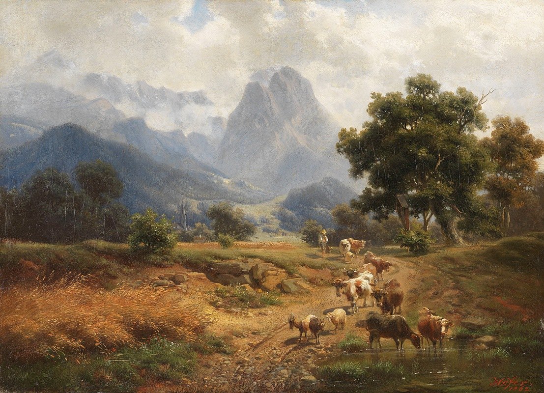 带着牛群的牧童在帕滕基琴附近，俯瞰威特斯坦山脉`Hirtenjunge mit Vieh bei Partenkirchen mit Blick auf das Wettersteingebirge (1862) by Heinrich Höfer