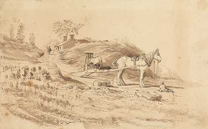 拖拉的马`A Horse pulling a Drag by Cornelius Varley