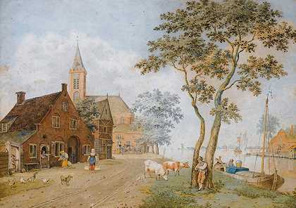 一条宽阔的河边的村庄`A Village By A Wide River (1810) by Hermanus Petrus Schouten