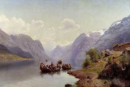 哈丹格尔湾的伴娘`Bridal Escort on the Hardanger Fiord (1865) by Johan Fredrik Eckersberg