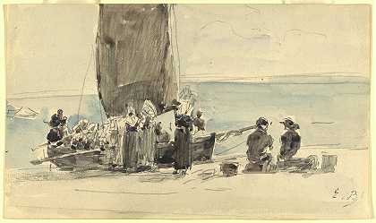 上船`Loading the Boats (c. 1875) by Eugène Boudin