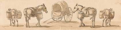 四匹骡子和一辆手推车`Four Mules with Panniers and a Cart by Paul Sandby