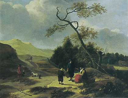 猎人和休息旅行者的风景`Landschap met jagers en rustende reizigers by Jan Baptist Wolfaerts