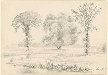 三树景观`Landscape with Three Trees (1863) by James Wells Champney