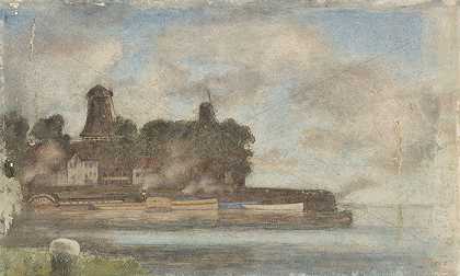 水边风车景观`Landschap met molens bij water (1869 ~ 1937) by Anton L. Koster