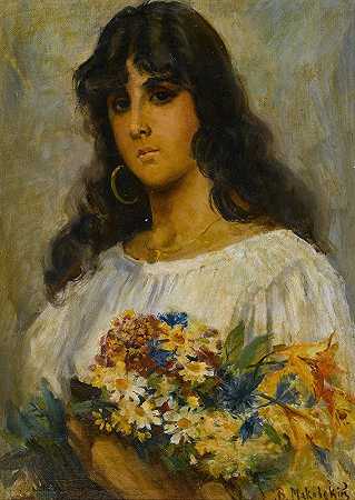 带花的女人`Woman with Flowers by Manner of Vladimir Makovsky
