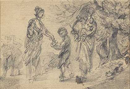 有两个女人和孩子的风景`Landscape with two women and child by Gainsborough Dupont