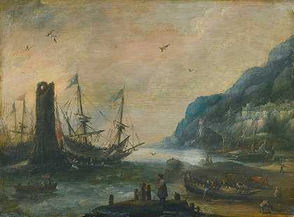 一个地中海沿岸的场景，海岸上有一座塔、船只和人物`A mediterranean coastal scene with a tower, ships, and figures on the shore by Andries van Eertvelt