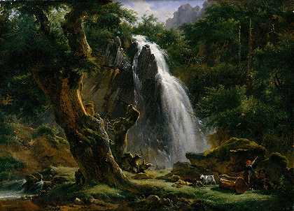 蒙多尔瀑布`Waterfall at Mont~Dore (1818) by Achille Etna Michallon