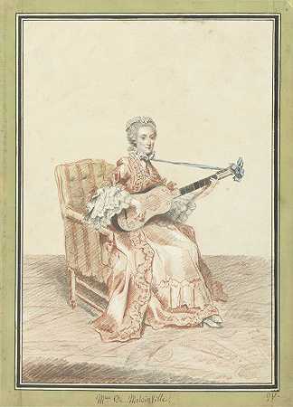 德蒙塔因维尔夫人弹吉他的画像`Portret van Madame de Montainville, gitaar spelend (1758) by Louis Carrogis Carmontelle