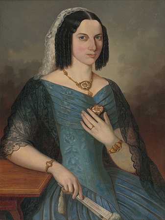 一位穿蓝色衣服的女士的肖像`Portrait of a lady in blue (1854) by Peter Michal Bohúň