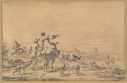 意大利风景中的牧民`Herdsmen in an Italian Landscape (1654) by Nicolaes Pietersz. Berchem