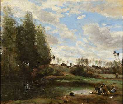 边缘的垫圈水`Laveuses au bord de leau (1860~1870) by Jean-Baptiste-Camille Corot