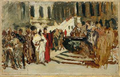 这幅画的草图威尼斯的阿拉伯商人`Skizze zum Gemälde Arabische Kaufleute in Venedig (1873) by Leopold Carl Müller