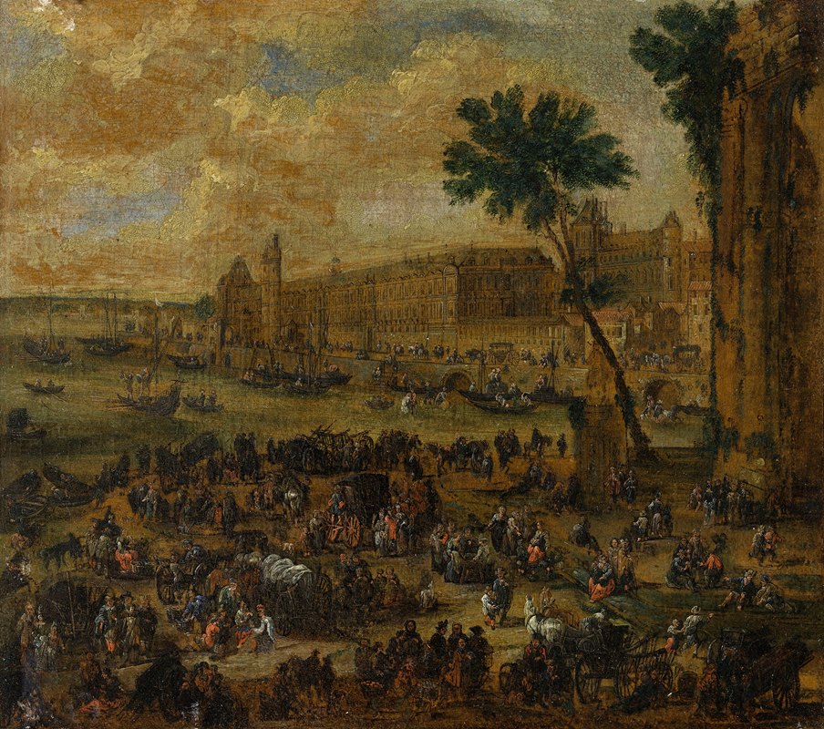 边缘百叶窗和廊道从新桥上看水`Le Louvre et la Galerie du bord de leau, vus du Pont~Neuf (1650) by Pieter Casteels