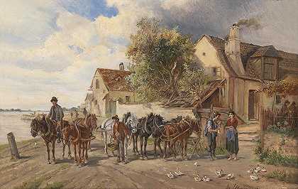 在河岸上拖马`Treidelpferde am Flussufer by Ignaz Ellminger