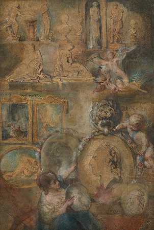 路易十五作为艺术赞助人的寓言，来自1769年沙龙的绘画和雕塑`Allegory of Louis XV as Patron of the Arts with Paintings and Sculpture from the Salon of 1769 (ca. 1769) by Gabriel de Saint-Aubin