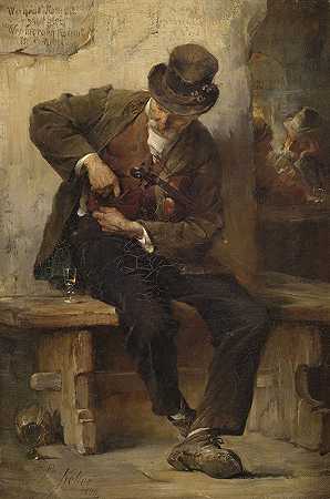 酒馆前的街头音乐家`Straßenmusikant vor einem Wirtshaus (1880) by Friedrich von Keller